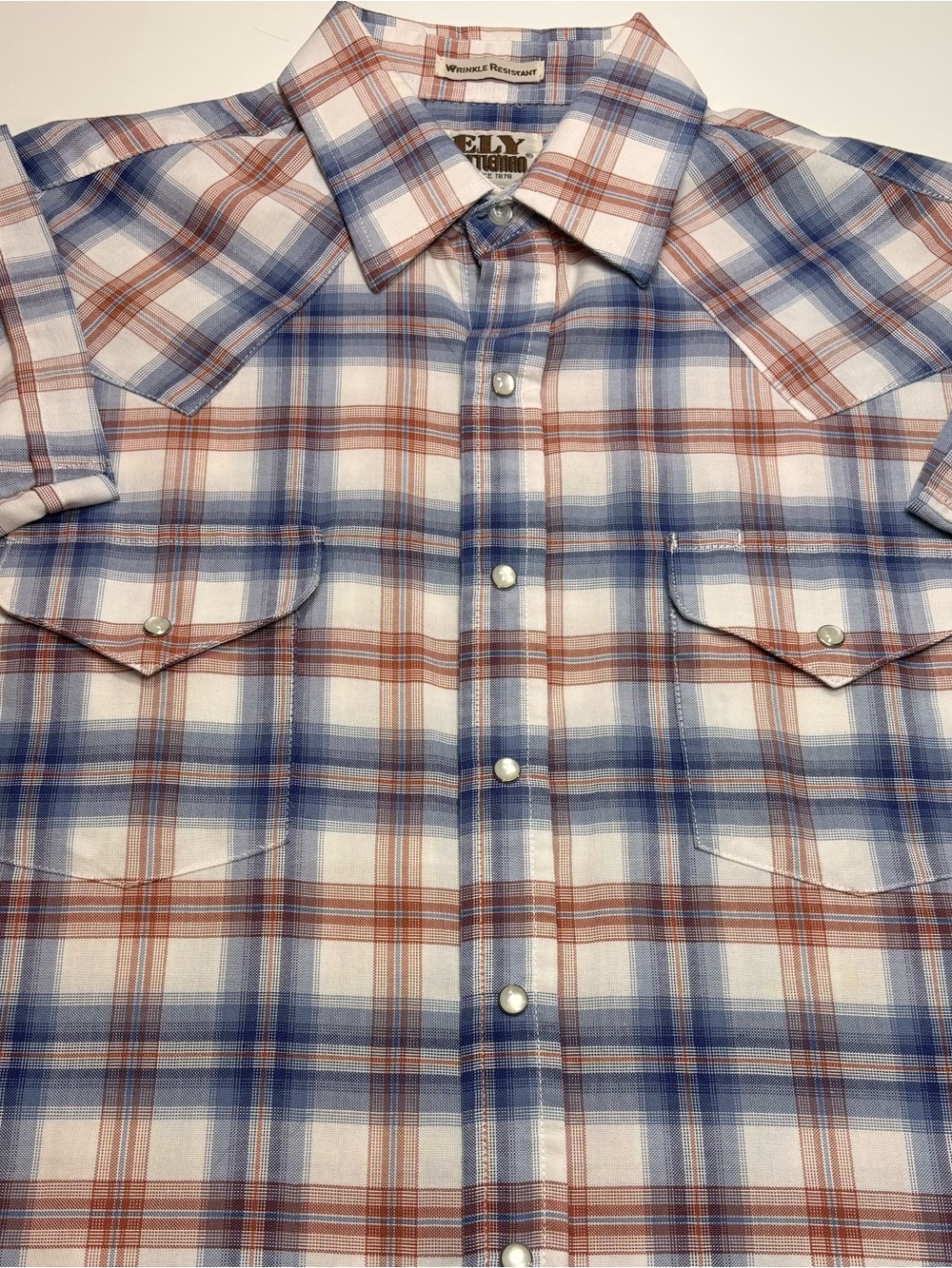 Ely Cattleman Men's Short Sleeve Plaid Western Shirt - Blue, Rust & Cream Size L
